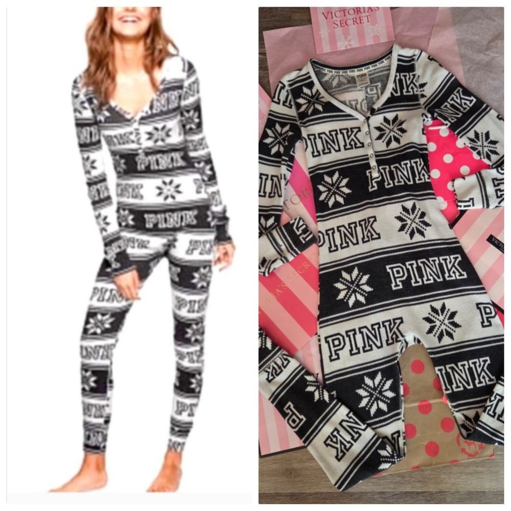 Victoria’s Secret PINK VTG Fair Isle Thermal One Piece Onsie Pajama Flap BackNew